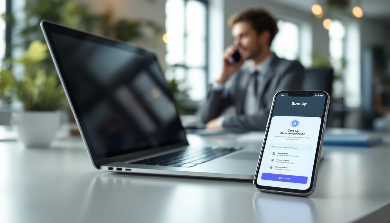 Terminal de paiement SumUp posé à côté d'un smartphone pour contacter le service client par téléphone